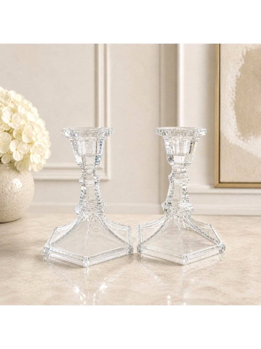 Lenox Crystal Candlesticks Pair 5.5" Romantic Taper Candle Holders Hexagon Base